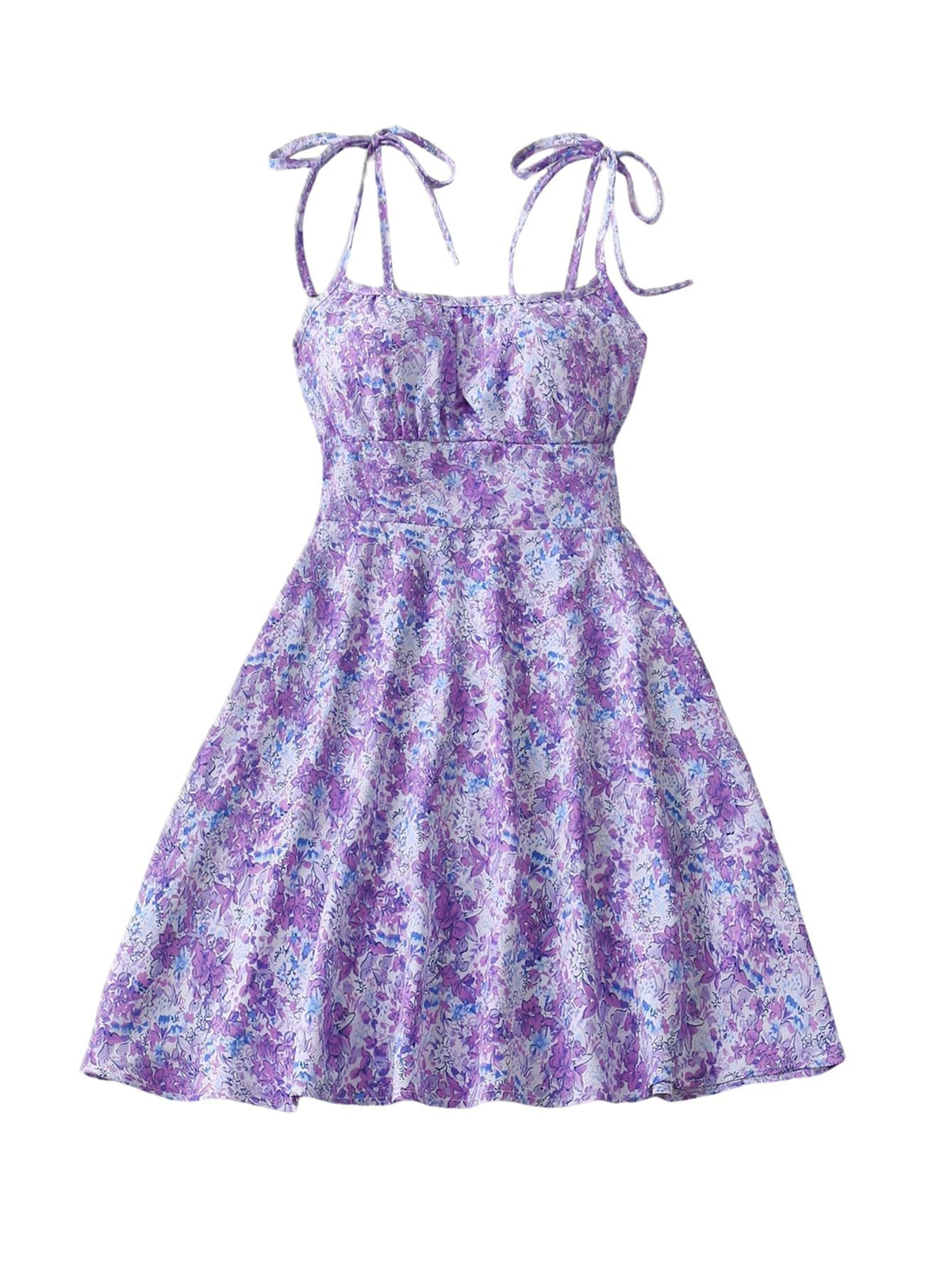 Blue floral A-line summer dress - product photo on white background - AuraAttire