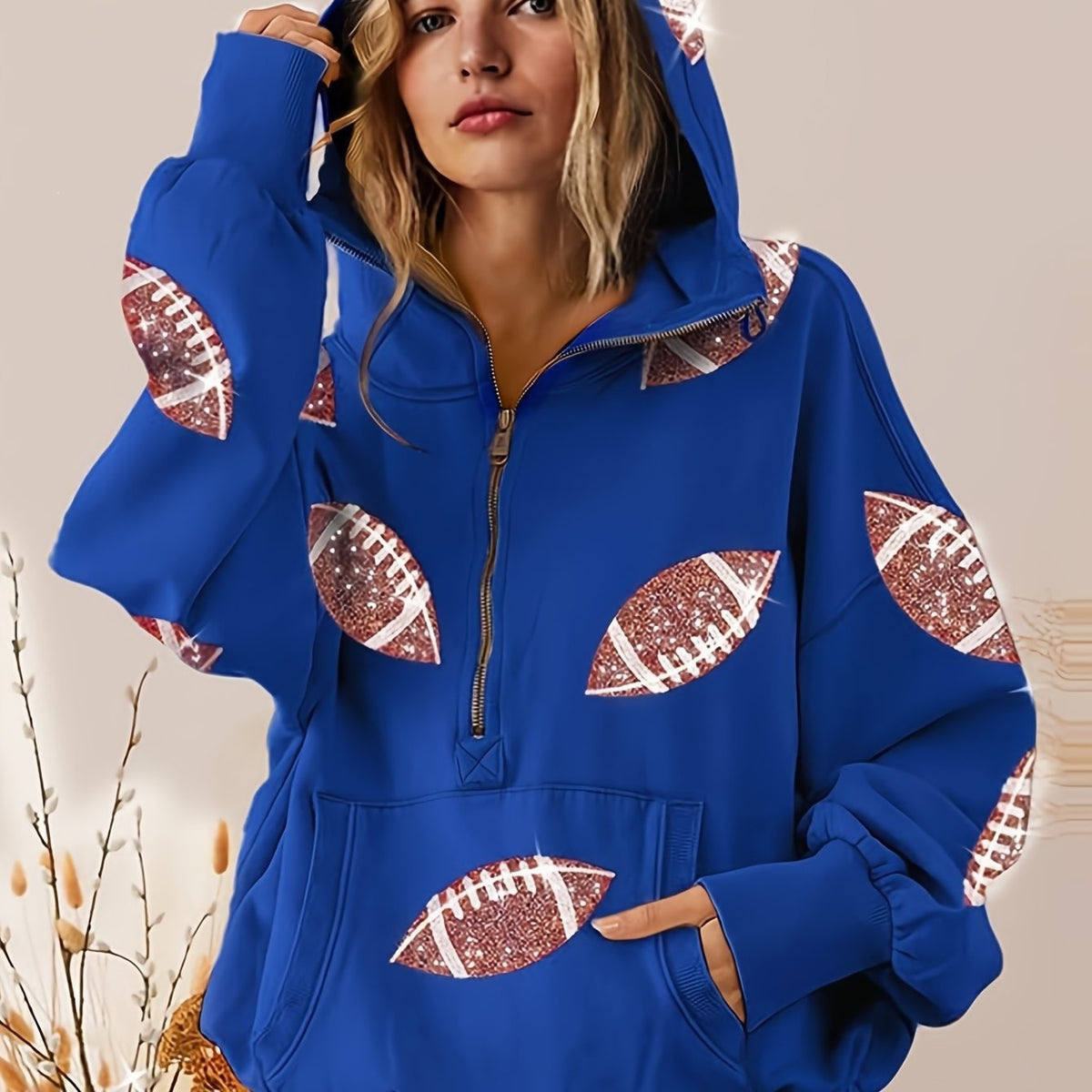 Women's football print zip-up hoodie, Blue, front view