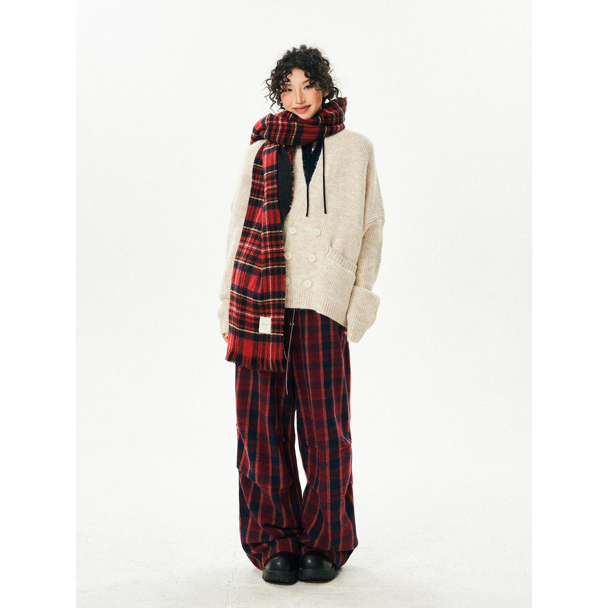 Women's retro high-waisted red plaid wide-leg pants, full outfit with sweater and scarf