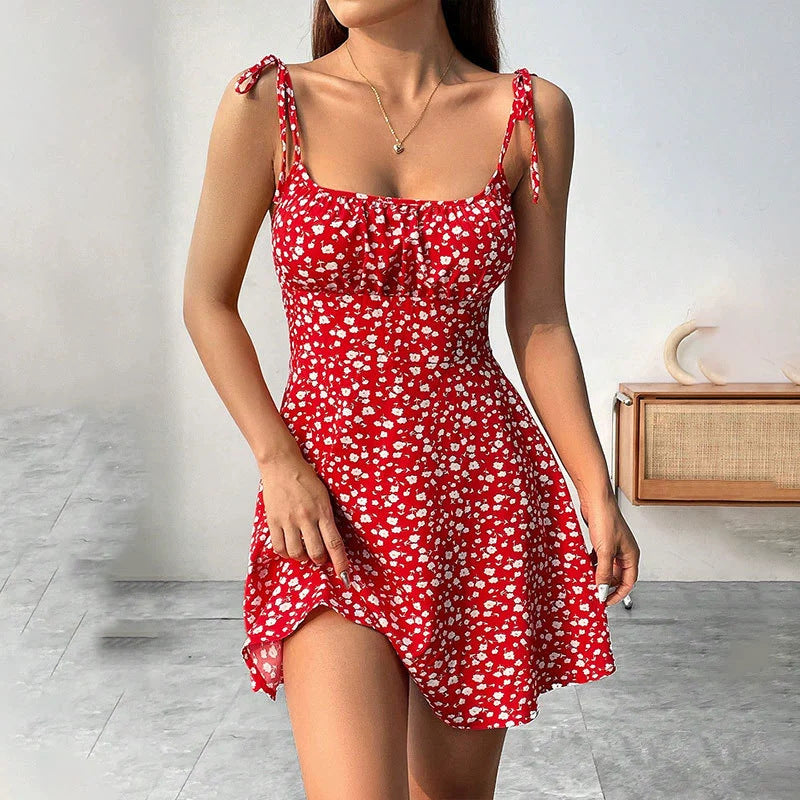 Floral A-line summer dress in red - front view - AuraAttire