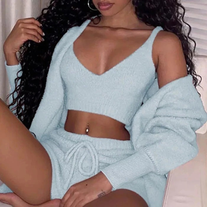 AuraAttire 3-Piece Pajama Set — light blue, lifestyle shot