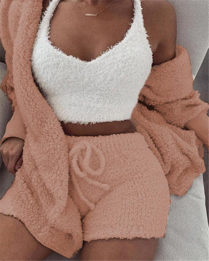 AuraAttire 3-Piece Pajama Set — pink and white, close-up view
