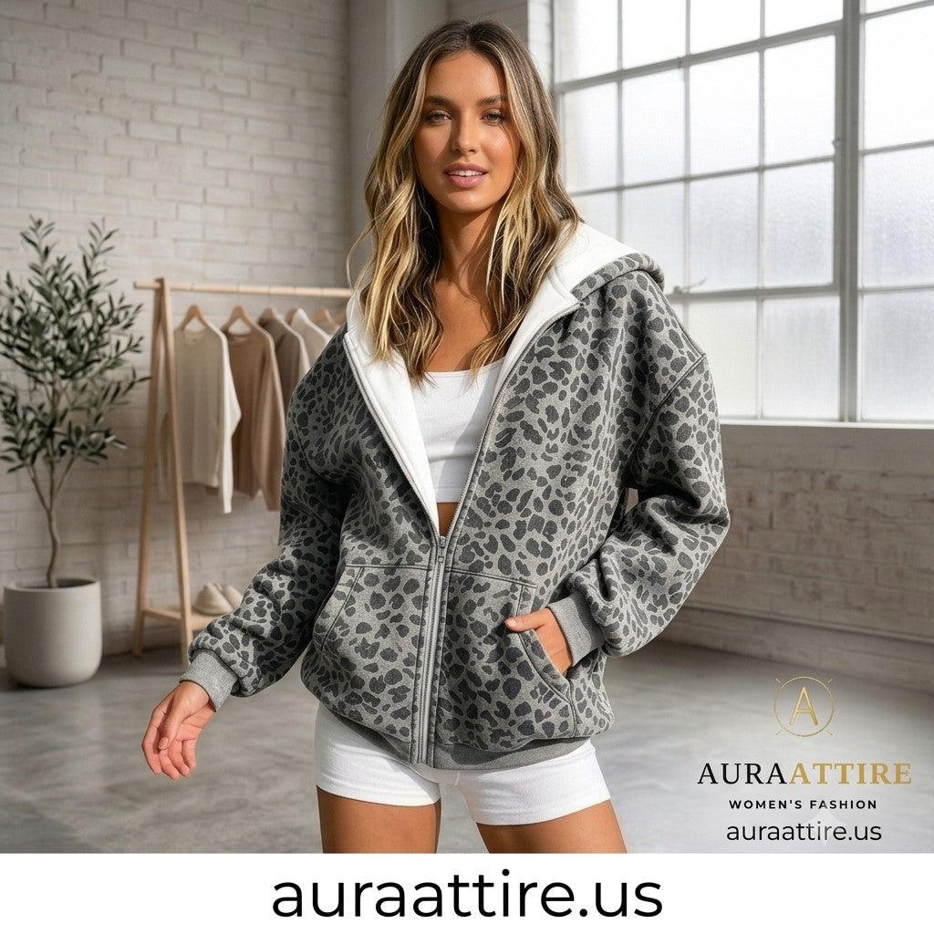 A woman models a gray leopard-print zip-up hoodie with a white hood lining in a bright, modern loft setting. The brand name AURA ATTIRE is visible in the bottom right corner.
