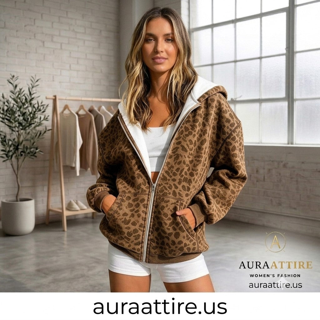 A woman models a brown leopard-print zip-up hoodie with a white hood lining in a bright, modern studio setting. The brand name 'AURA ATTIRE' is visible in the bottom right corner.