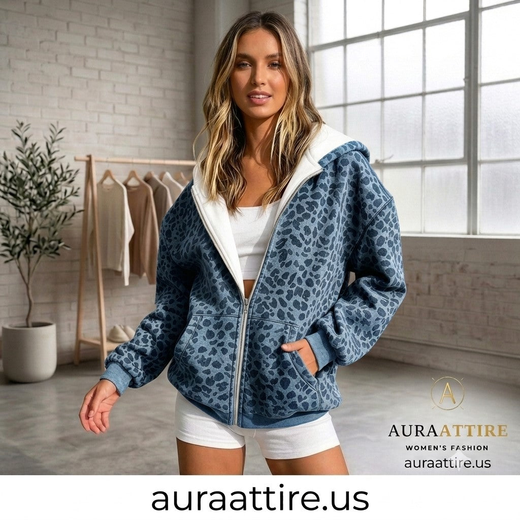 A woman models a blue leopard-print zip-up hoodie with a white hood lining in a bright, modern loft setting. The brand name AURA ATTIRE is visible in the bottom right corner.