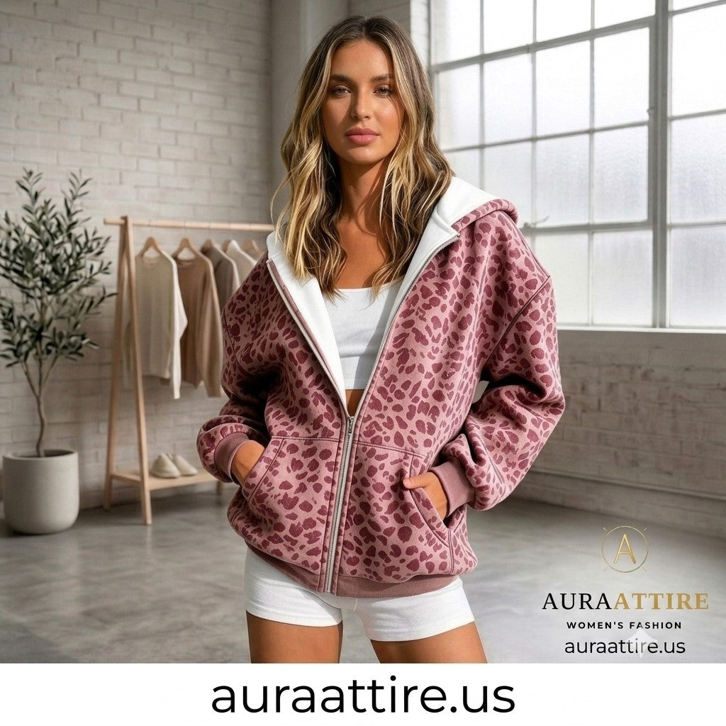 A woman models a pink leopard-print zip-up hoodie with a white hood lining in a bright, modern loft setting. The brand name AURA ATTIRE is visible in the bottom right corner.
