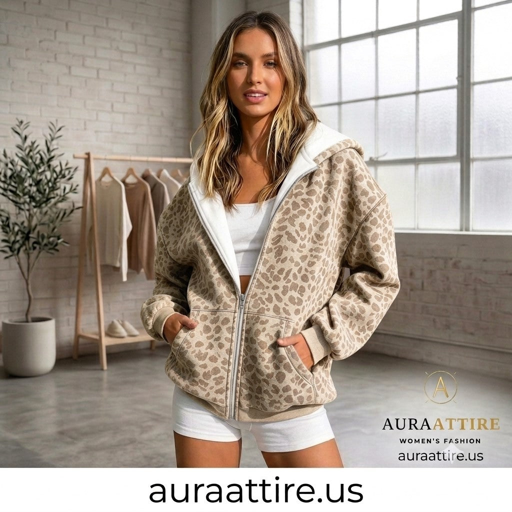 A woman models a beige and brown leopard-print zip-up hoodie with a white hood lining in a bright, modern loft setting. The brand name AURA ATTIRE is visible in the bottom right corner.