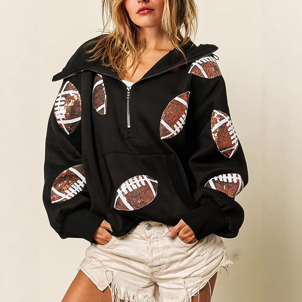 Women's football print zip-up hoodie, Black, front view