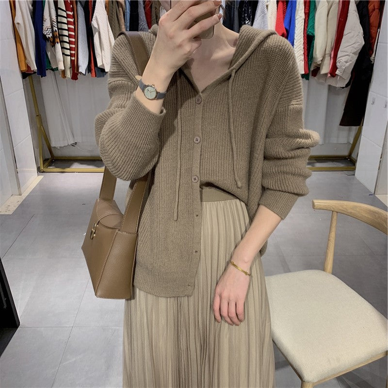 Oversized hooded knit sweater in taupe brown - women's oversized cardigan style
