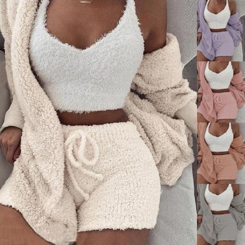 AuraAttire 3-Piece Pajama Set — cream, with cardigan