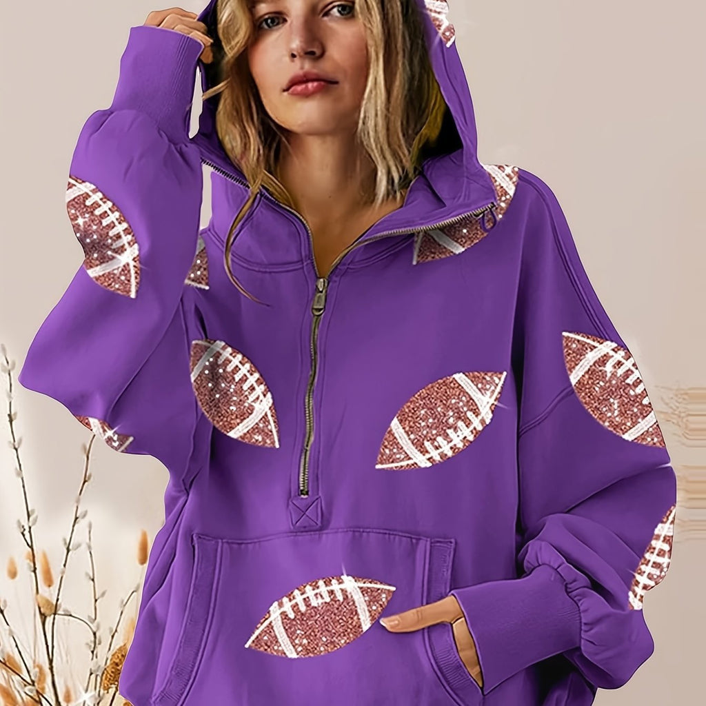 Women's football print zip-up hoodie, Navy Blue, front view