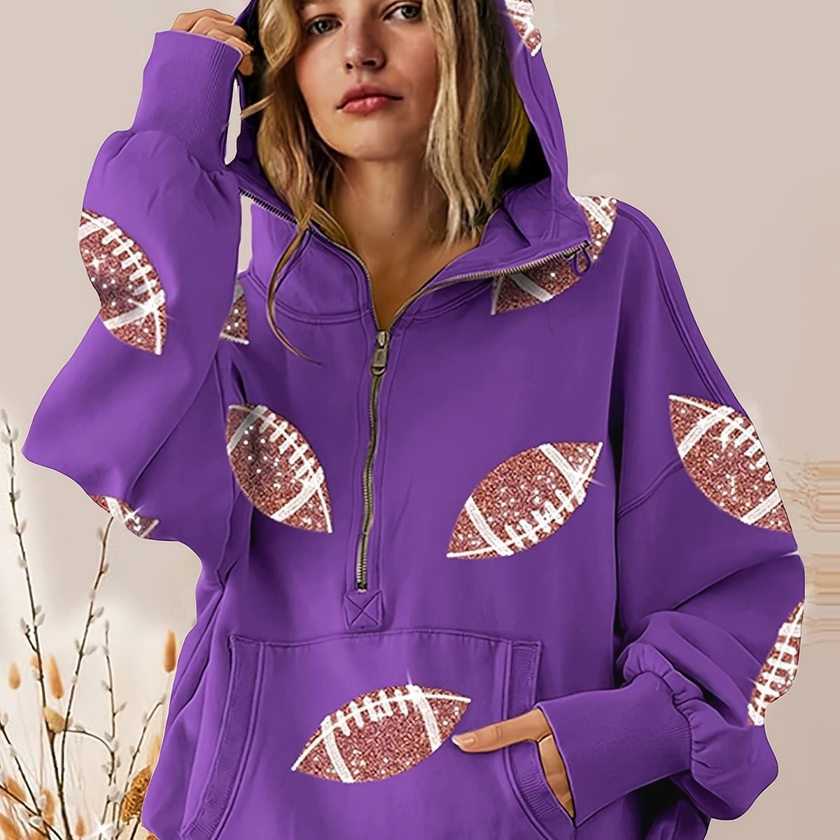 Women's football print zip-up hoodie, Navy Blue, front view