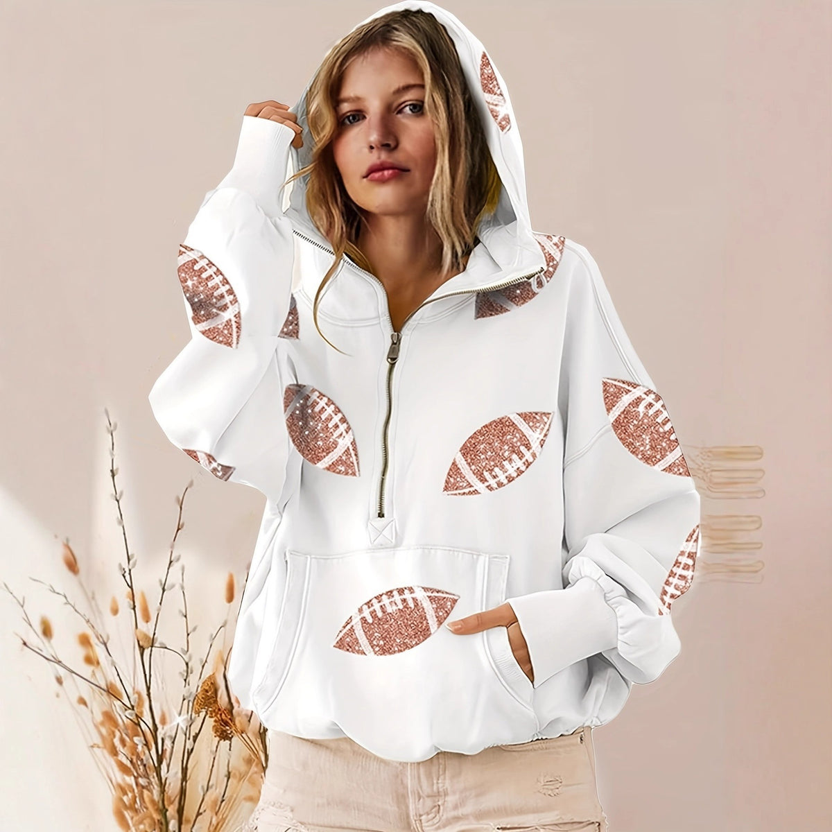 Women's football print zip-up hoodie, White, front view