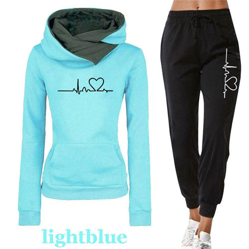 Women's hoodie and pants tracksuit set - light blue colorway with heartbeat print