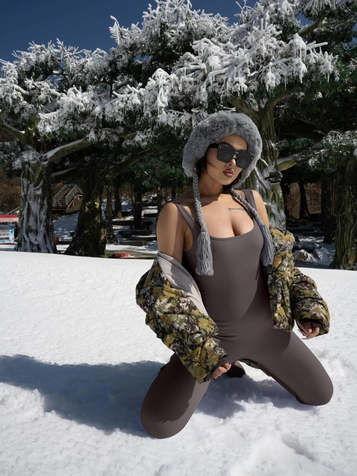 AuraAttire Women's Suspender Tank Top Jumpsuit — grey, snow lifestyle shot