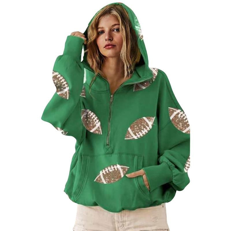Women's football print zip-up hoodie, Green, front view