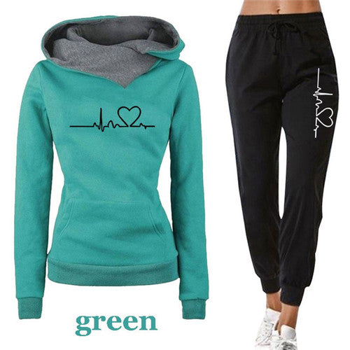 Women's hoodie and pants tracksuit set - green colorway with heartbeat print