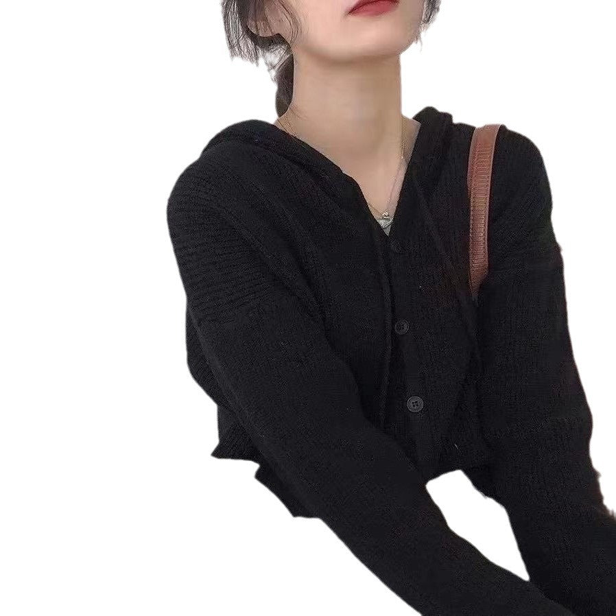 Oversized hooded knit sweater in black - women's cozy cardigan style