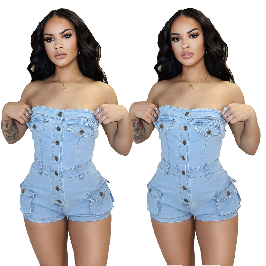 Two images of a woman wearing a light blue denim romper on a white background.
