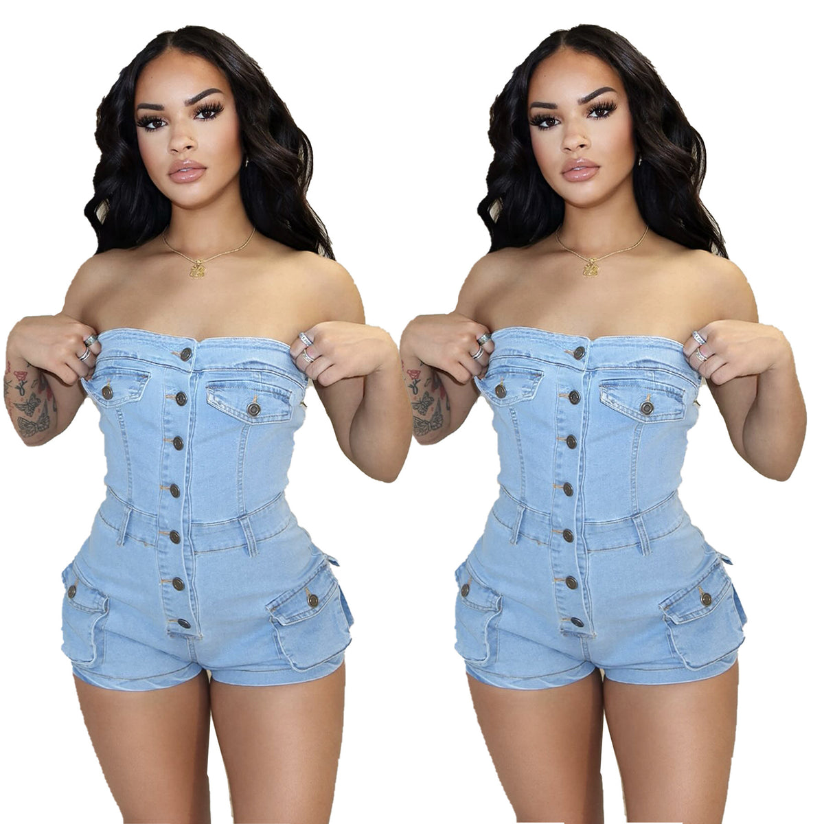 Two images of a woman wearing a light blue denim romper on a white background.