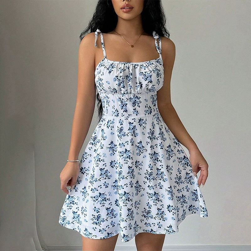 Floral A-line summer dress in white and blue - full body view - AuraAttire
