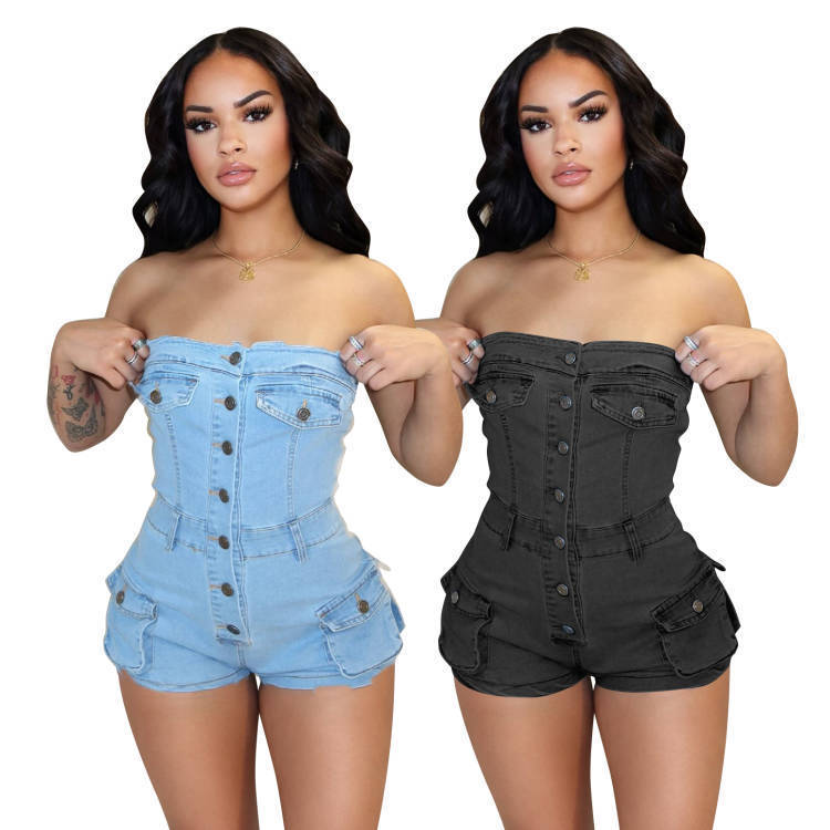 Two women wearing strapless denim rompers on a white background