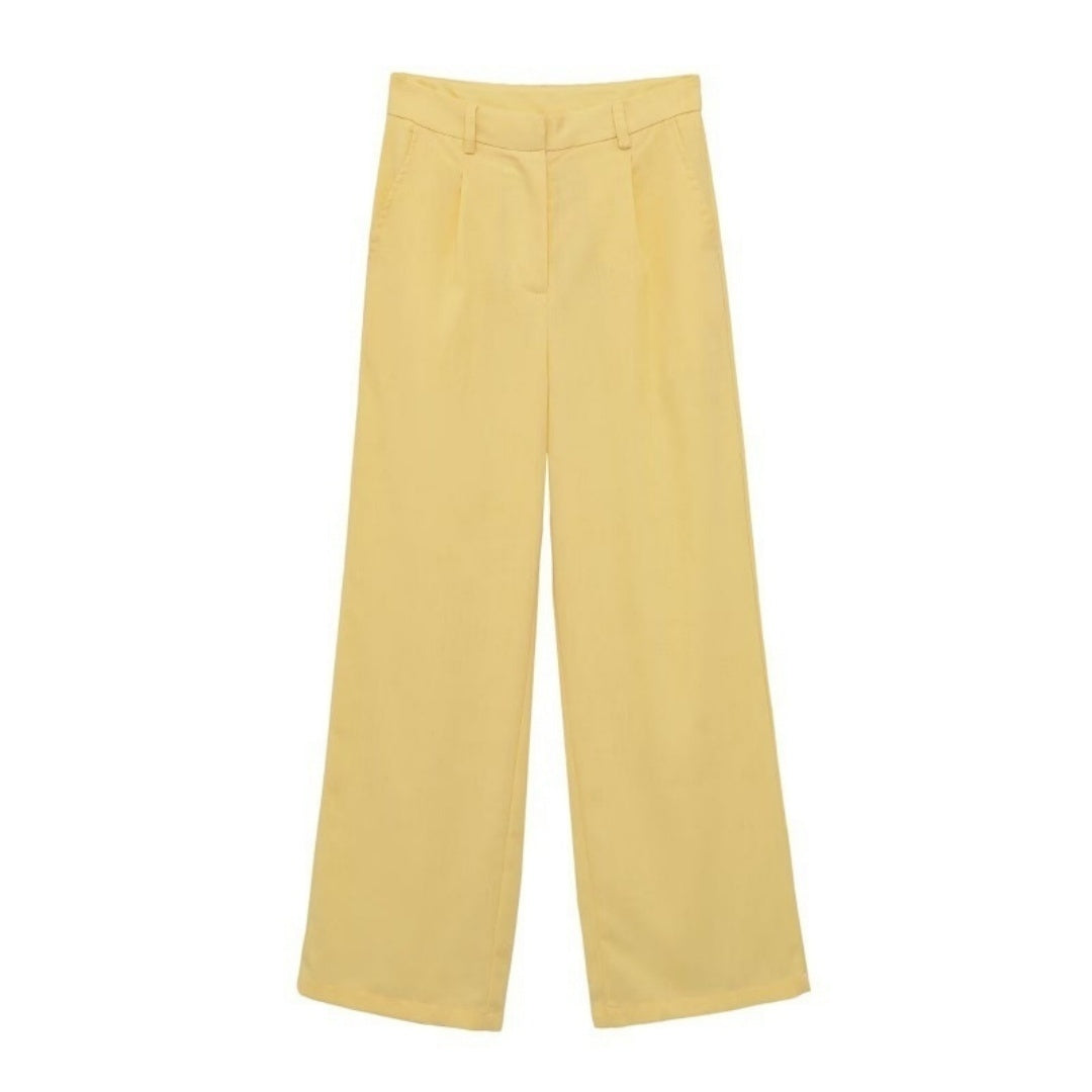 Yellow high-waisted wide-leg trousers - flat lay view