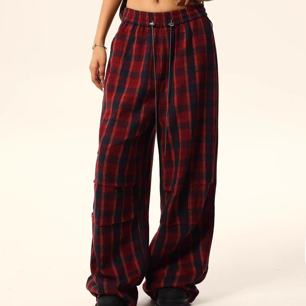 Women's retro high-waisted red plaid wide-leg pants, front close-up