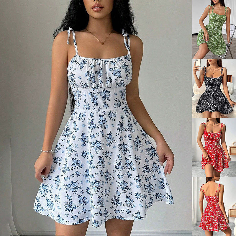 Floral A-line summer dress in white and blue - front view - AuraAttire