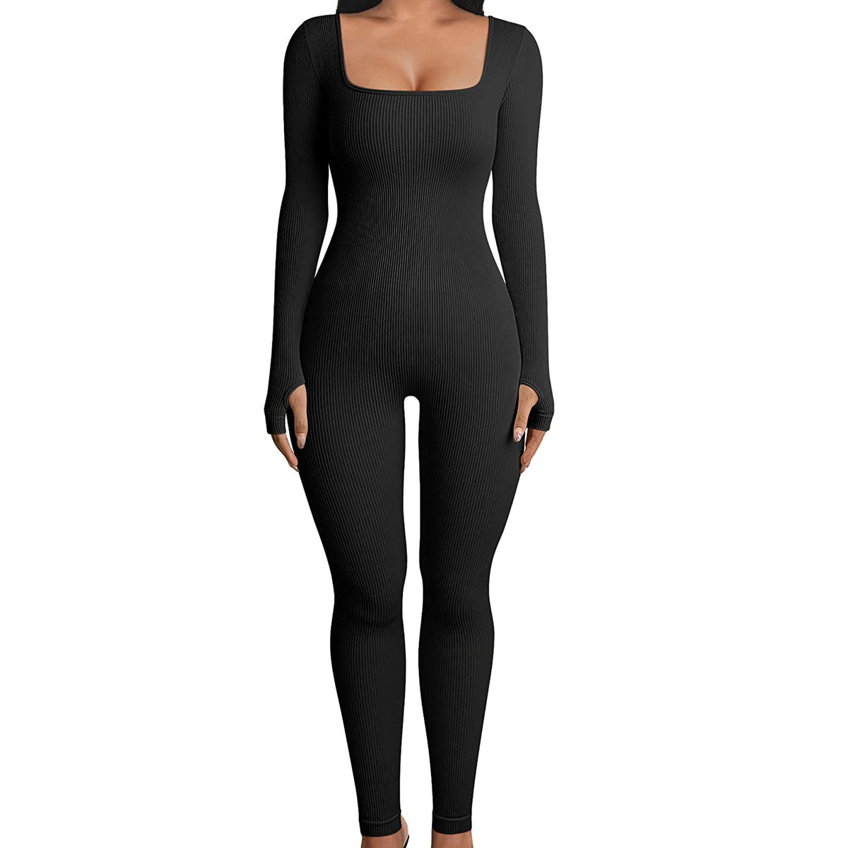 Black ribbed jumpsuit on a white background