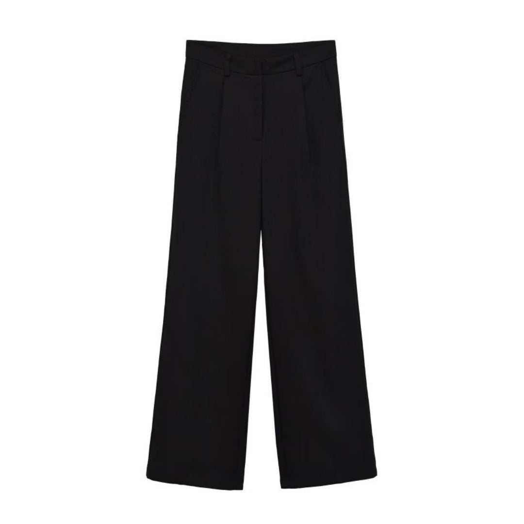 Black high-waisted wide-leg trousers - flat lay view