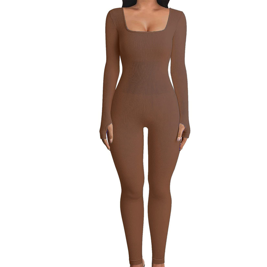 Brown ribbed jumpsuit worn by a model on a white background