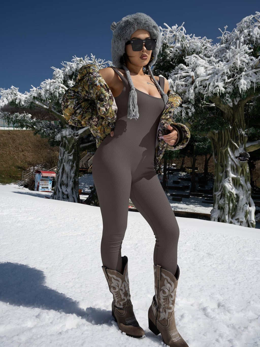 AuraAttire Women's Suspender Tank Top Jumpsuit — grey, winter outdoor shot