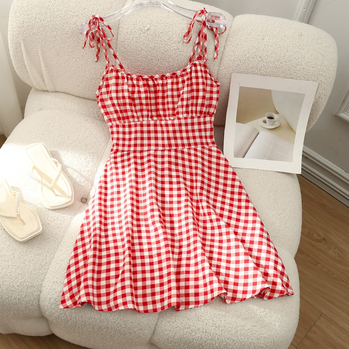  Red plaid A-line summer dress - flat lay - AuraAttire