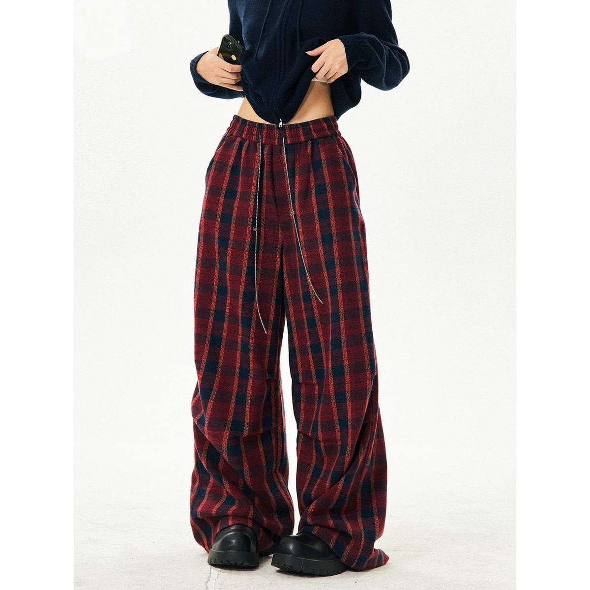 Women's retro high-waisted red plaid wide-leg pants, close-up front view