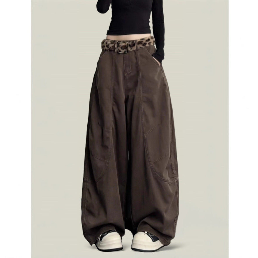 Women's coffee brown wide-leg trousers with buckle waist, close-up front view
