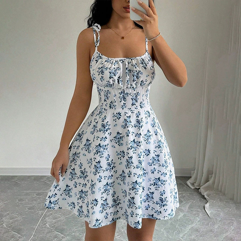 Floral A-line summer dress in white and blue - selfie style - AuraAttire