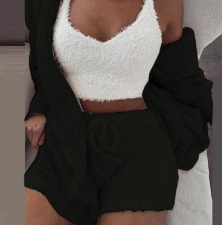 3-Piece Women's Pajama Set – Long Sleeve Crop Top, Tank & Drawstring Shorts