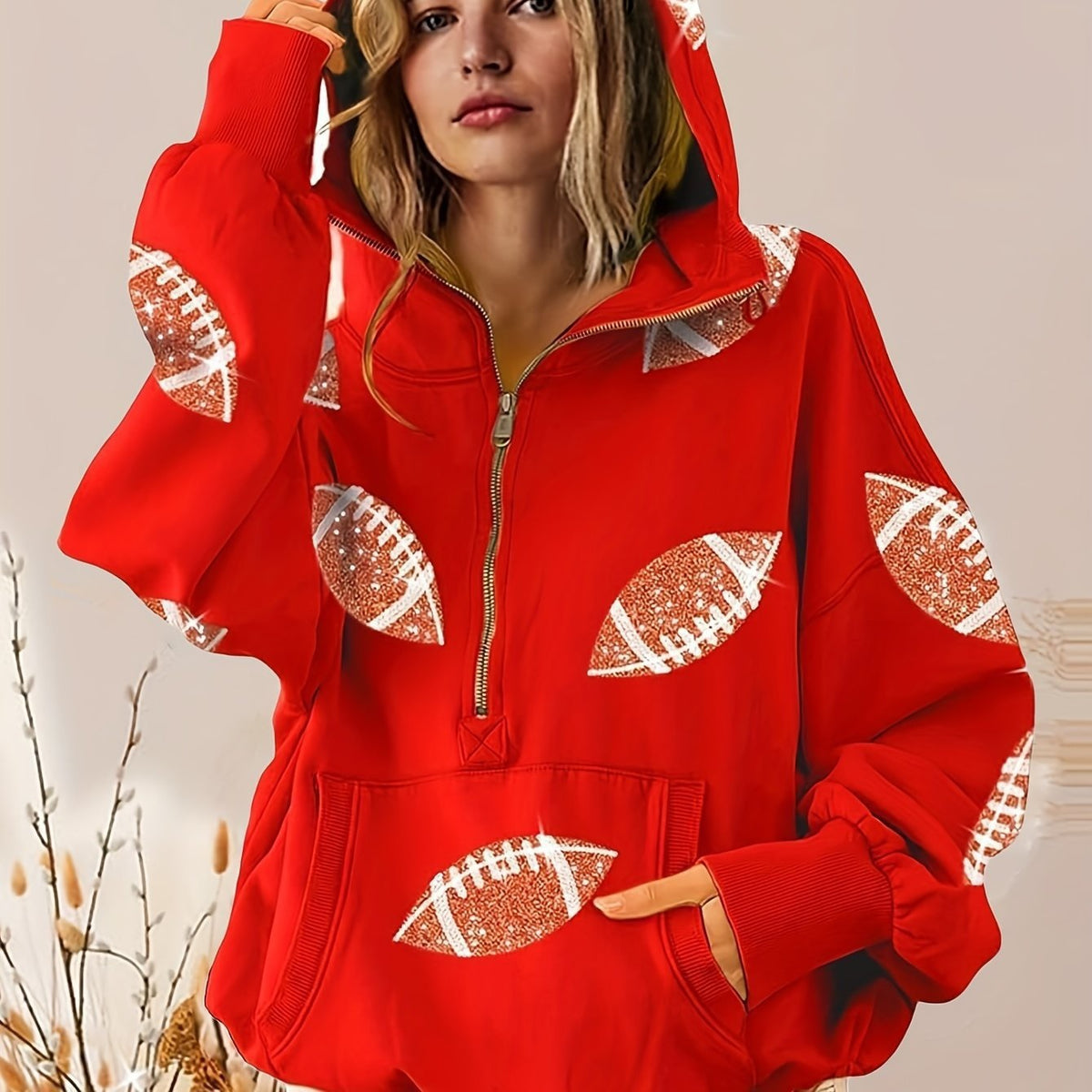 Women's football print zip-up hoodie, Red, front view