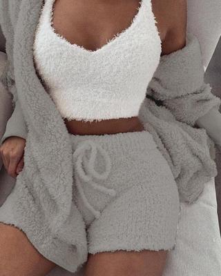 AuraAttire 3-Piece Pajama Set — grey and white, close-up view