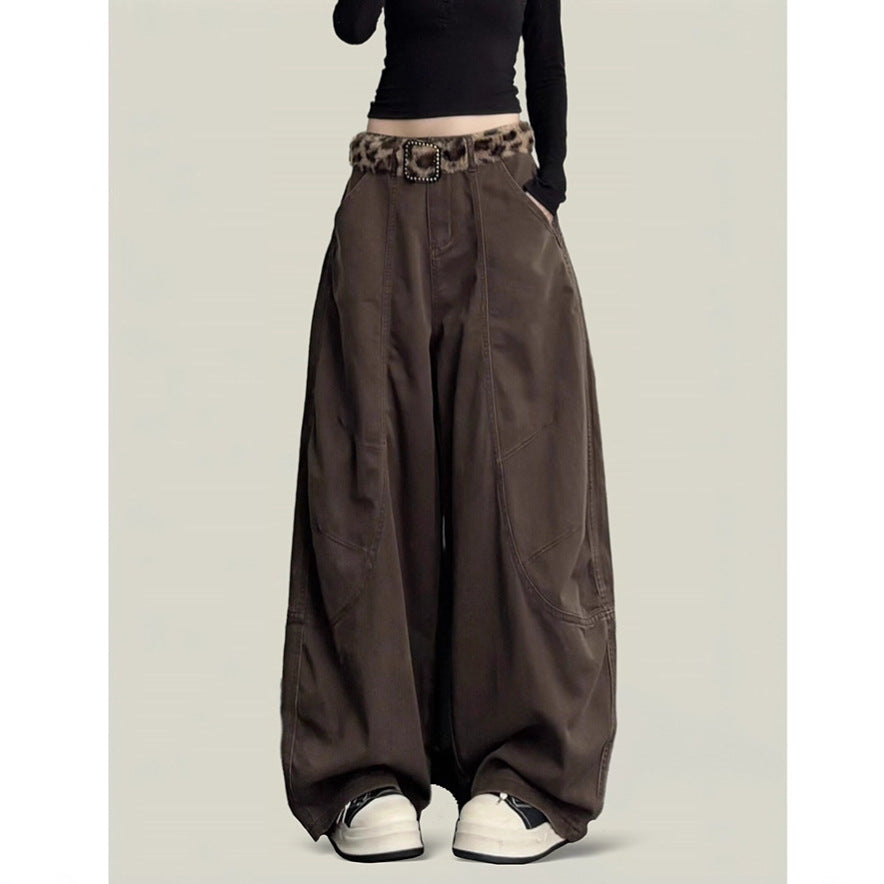Women's coffee brown wide-leg trousers with buckle waist, close-up front view