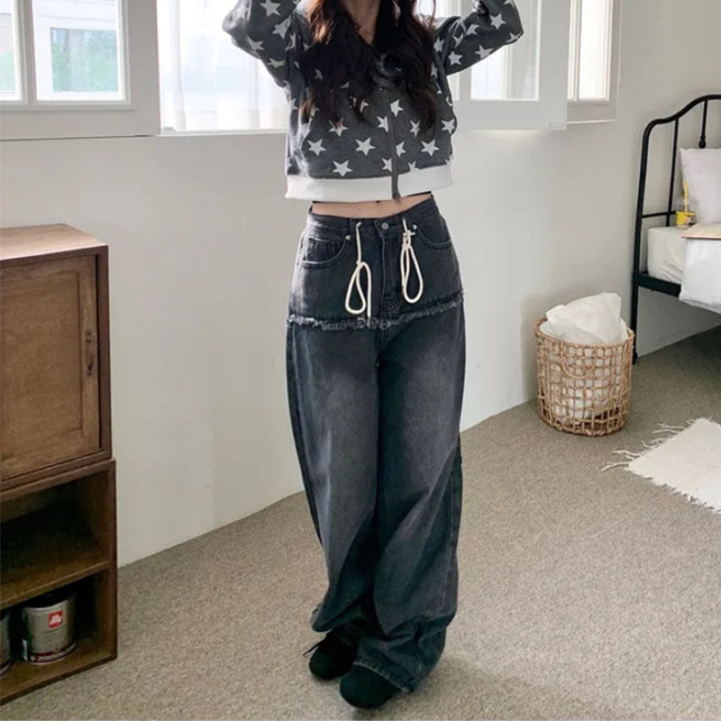 Women's wide-leg denim-look jeans in black, drawstring waist, raw hem, full length