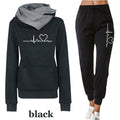 Women's hoodie and pants tracksuit set - black colorway with heartbeat print