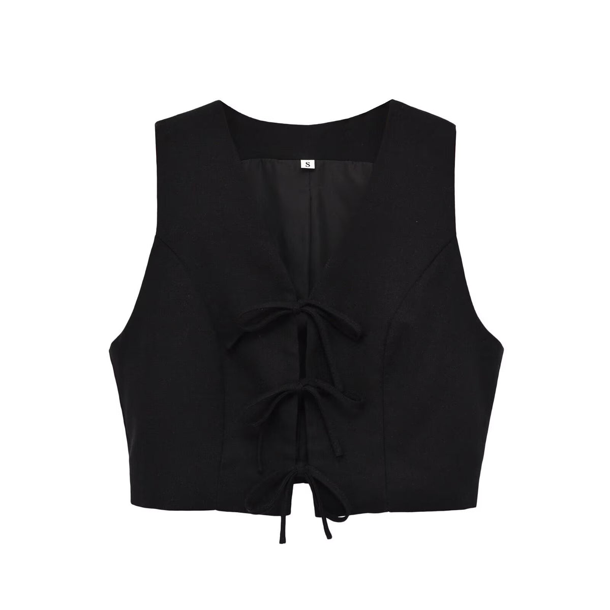 Black bow-tie lace-up vest with drawstring waist - flat lay view