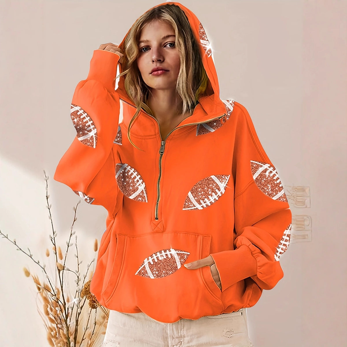 Women's football print zip-up hoodie, Navy Blue, front view