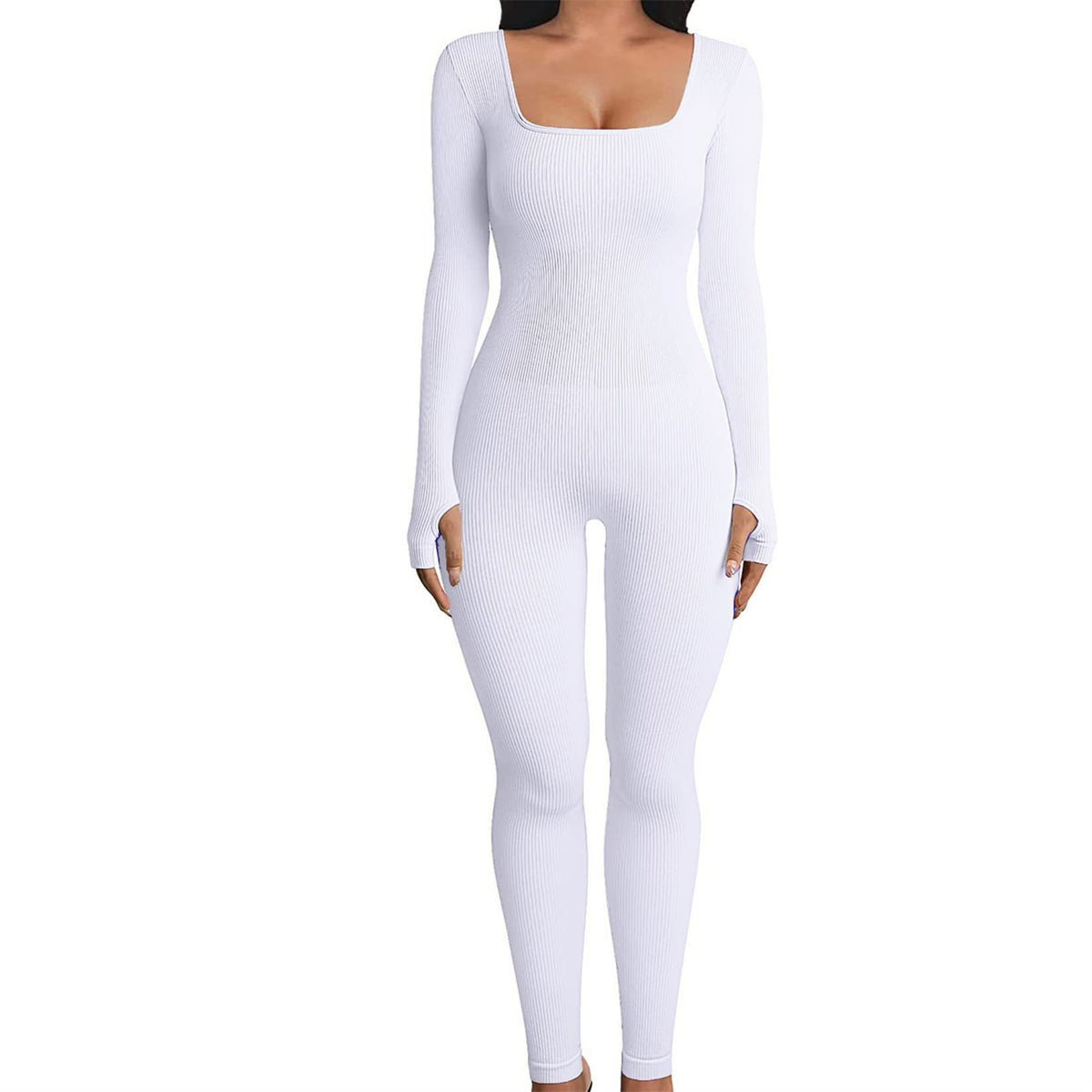 White ribbed long-sleeve bodysuit on a white background
