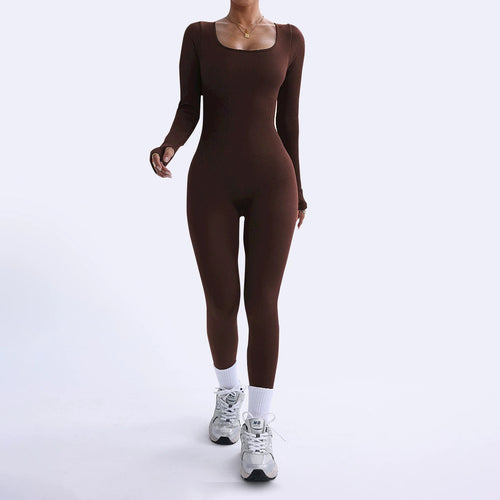 Person wearing a brown bodysuit on a white background