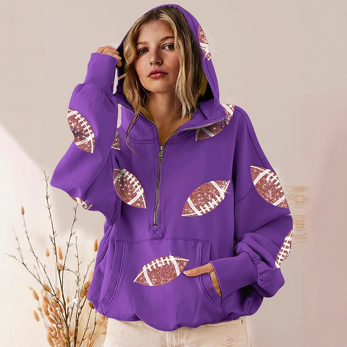 Women's football print zip-up hoodie, Navy Blue, front view