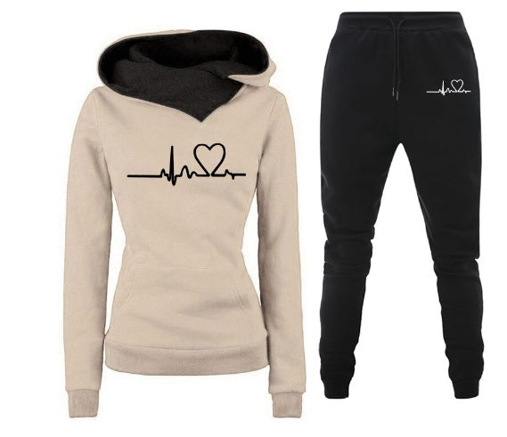 Women's hoodie and pants tracksuit set - grey colorway with heartbeat print