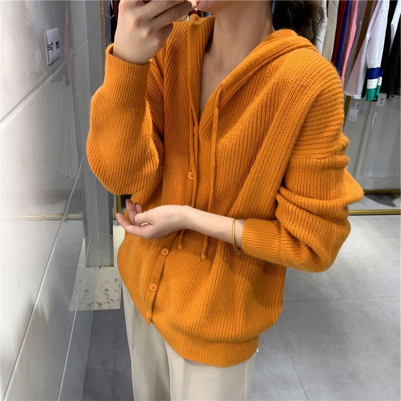 Oversized hooded knit sweater in orange - women's cozy cardigan style